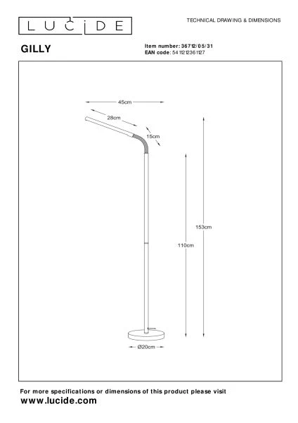 Lucide GILLY - Stehlampe Mit Leselampe - LED - 1x6W 2700K - Weiß - TECHNISCH